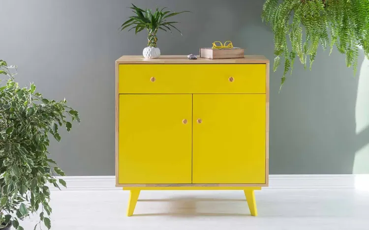 ARMÁRIO COM GAVETA E 2 PORTAS CELESTE PUXADOR BOLINHA NATURAL E AMARELO 90X40X98 CM