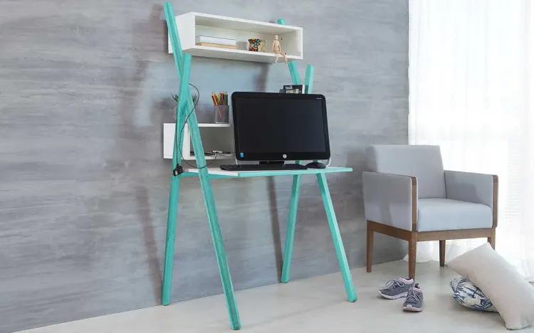 ESCRIVANINHA BRANCA E AZUL MODERNA PARA QUARTO DE MENINO COM ESTANTE E NICHOS SUE WOODINN - 87x62x158 CM
