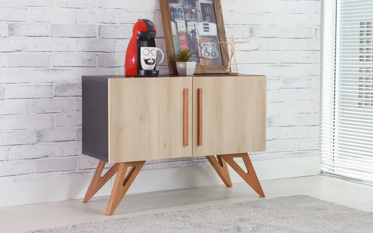 ARMÁRIO PÉS PALITO BUFFET PRETO 2 PORTAS FAIA PARA SALA DE JANTAR FREDDIE 90x35x64,7 CM