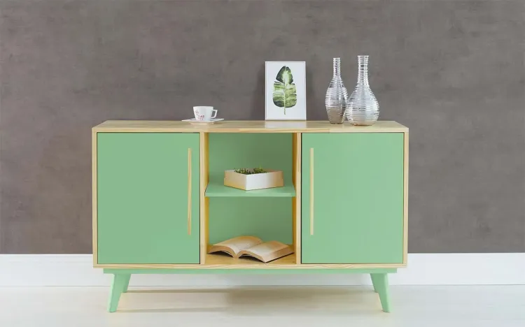 ARMÁRIO PÉS PALITO COM PRATELEIRA E 2 PORTAS CELESTE NATURAL E VERDE SÁLVIA 133X40X79,5 CM
