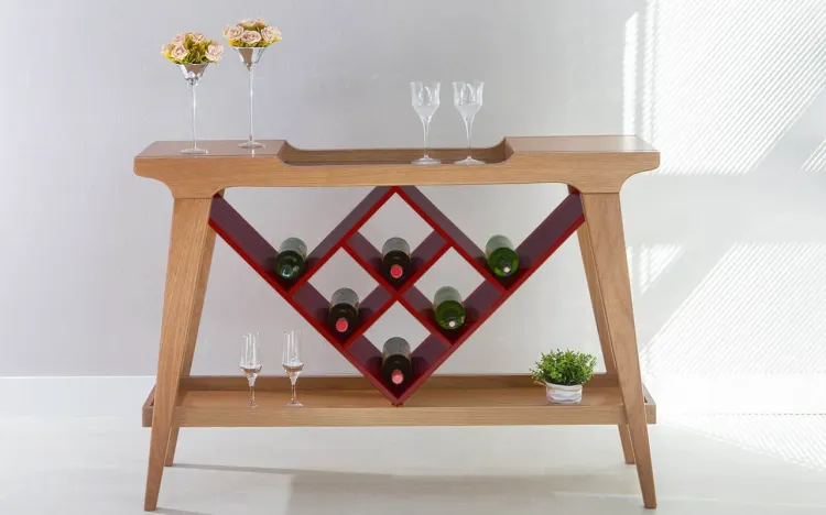 APARADOR BAR COM ADEGA GOURMET DE MADEIRA MACIÇA COM TAMPO ESPELHADO PUBI VERNIZ AMÊNDOA E VERMELHO 130X33X90CM
