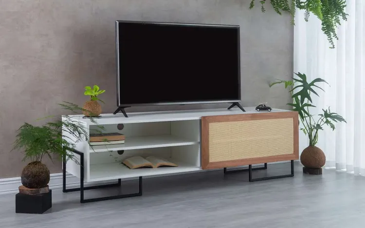 RACK PORTA DE CORRER PARA TV CROSBY MDF BRANCO E JATOBÁ COM RATTAN 163X43,6X48,5 CM
