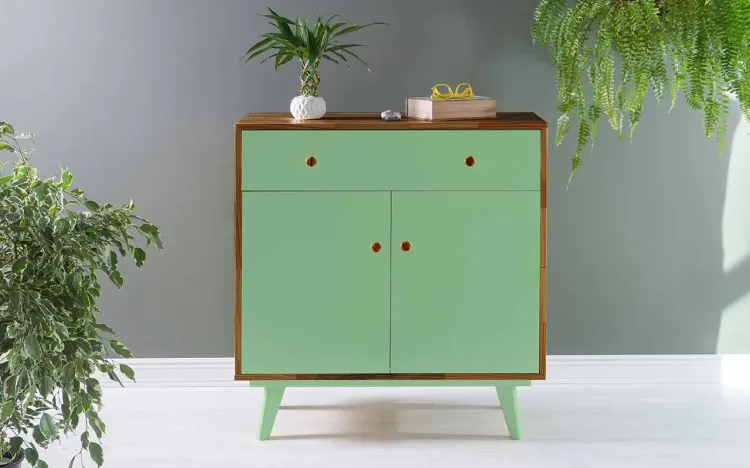 APARADOR COM GAVETA E 2 PORTAS CELESTE PUXADOR BOLINHA CAPUCCINO E VERDE SÁLVIA 90X40X98 CM