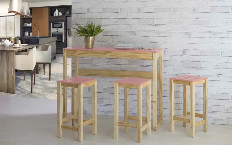 CONJUNTO GOURMET BISTRÔ ALTO DE MADEIRA MACIÇA TAEDA COM TAMPO COLORIDO OLGA NATURAL E VERDE SÁLVIA 120CM