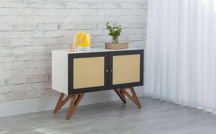ARMÁRIO BUFFET 2 PORTAS COM PALHINHA FREDDIE BRANCO COM PRETO E JATOBÁ 90x35x64,7 CM