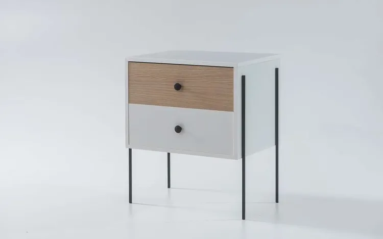 MESINHA LATERAL PARA QUARTO 2 GAVETAS NASH MDF BRANCO COM CARVALHO E PÉS METAL 52X37X60 CM