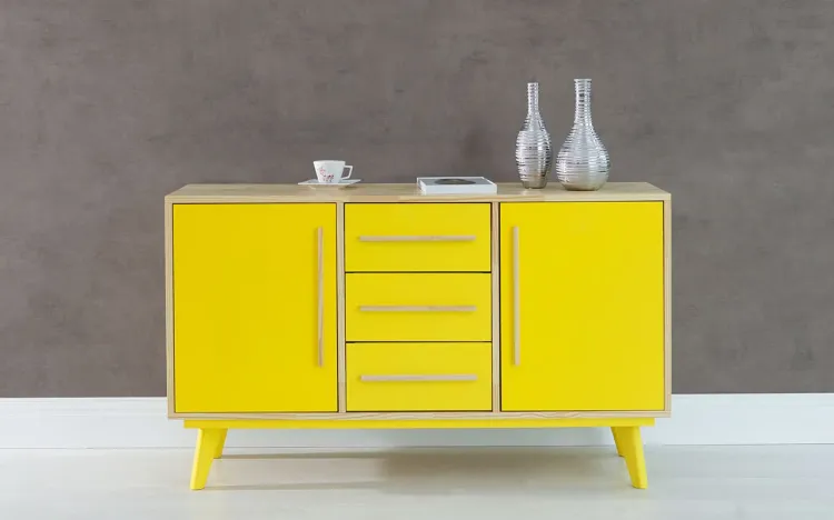 ARMÁRIO PÉS PALITO COM GAVETA E 2 PORTAS CELESTE NATURAL E AMARELO 133X40X79,5 CM