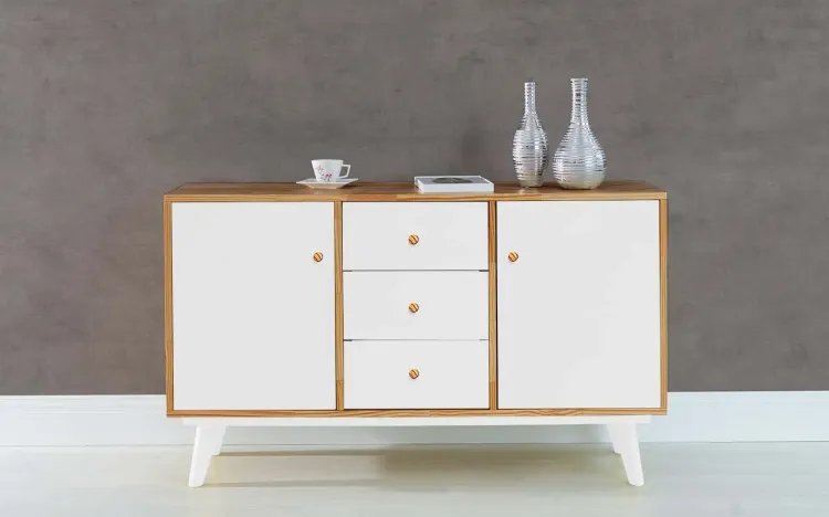 APARADOR BUFFET COM GAVETAS E 2 PORTAS PUXADOR BOLINHA CELESTE NÓZES E BRANCO 133X40X79,5 CM