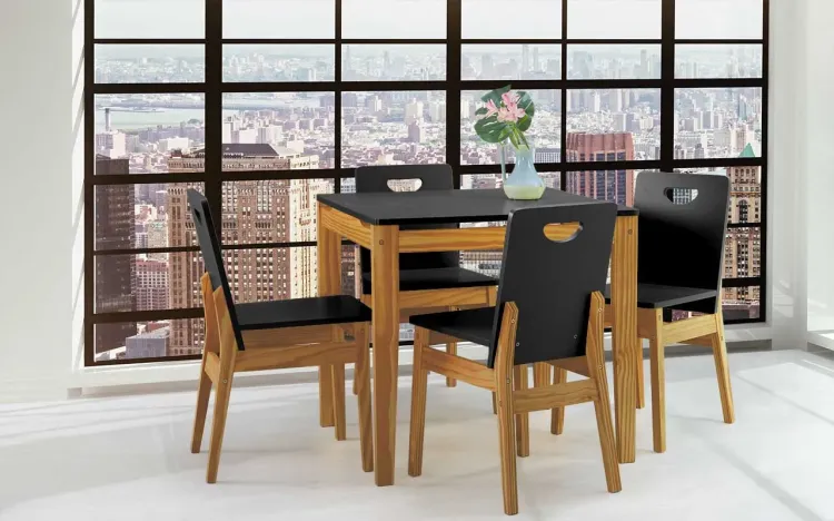 MESA COM CADEIRAS TUCUPI ACABAMENTO STAIN NOZES E LACA PRETO 80CM