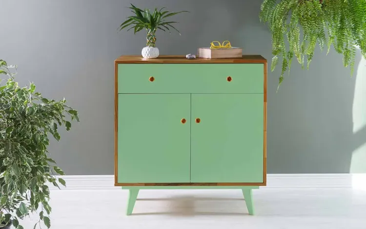 APARADOR COM GAVETA E 2 PORTAS CELESTE PUXADOR BOLINHA NÓZES E VERDE SÁLVIA 90X40X98 CM