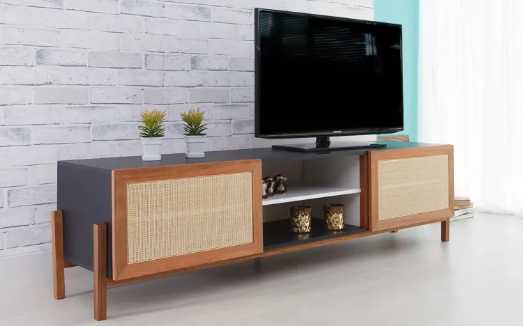 RACK PARA SALA PRETO MODERNO VINTAGE RETRÔ COM 2 PORTAS RATTAN ERIC 186x43,6x48,5 CM
