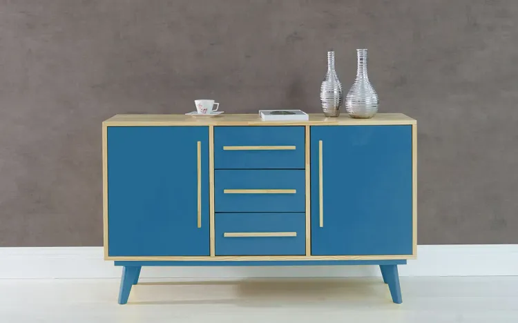 APARADOR BUFFET COM GAVETAS E 2 PORTAS CELESTE NATURAL E AZUL 133X40X79,5 CM