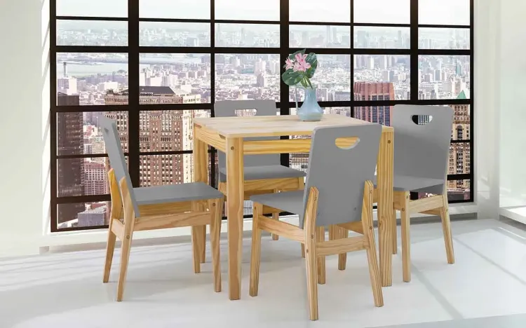 MESA COM 4 CADEIRAS DE JANTAR TUCUPI 80CM ACABAMENTO STAIN NÓZES E CINZA CONCRETO