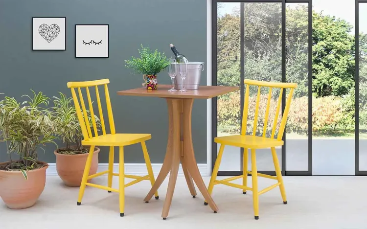 MESA BISTRÔ PEQUENA 2 CADEIRAS QUADRADA JULIETTE VERNIZ JATOBÁ E AMARELO