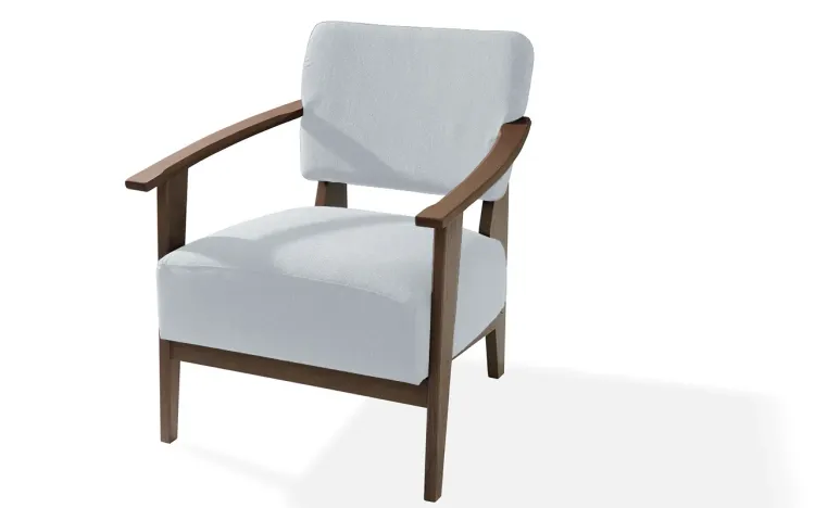 POLTRONA DECORATIVA DE MADEIRA ESTOFADA COM BRAÇOS  SAMAMBAIA - POLTRONA PARA RECEPÇÃO COR CINZA CLARO VERNIZ CAPUCCINO TEC.915 - 72x66x82 CM