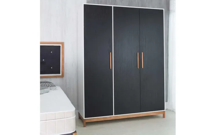 GUARDA-ROUPA ARMÁRIO 3 PORTAS MDF BRANCO PRETO E MADEIRA MACIÇA MOORE - 154,6x53x198,5 CM