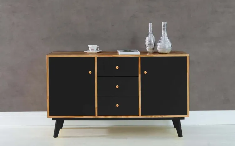 BALCÃO BUFFET COM GAVETA E 2 PORTAS PUXADOR BOLINHA CELESTE NÓZES E PRETO 133X40X79,5 CM