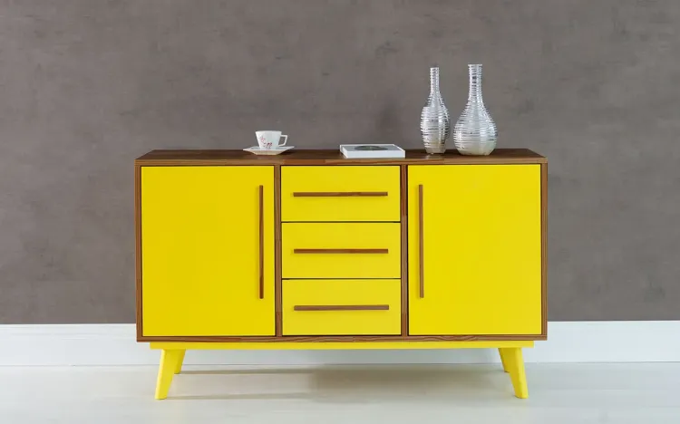ARMÁRIO PÉS PALITO COM GAVETA E 2 PORTAS CELESTE CAPUCCINO E AMARELO 133X40X79,5 CM