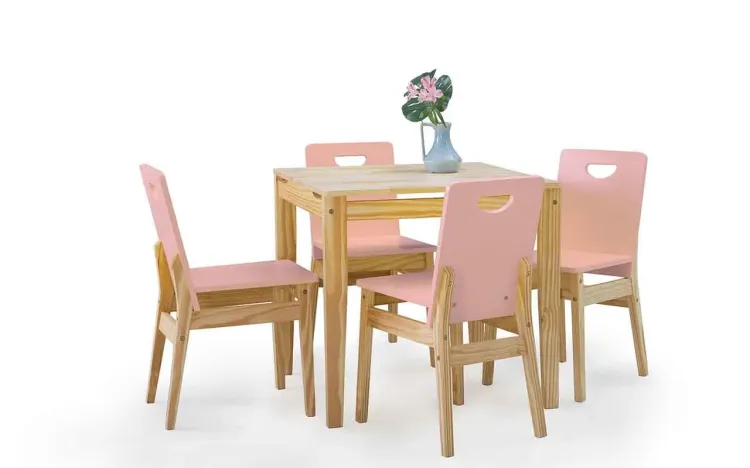 MESA COM 4 CADEIRAS DE JANTAR TUCUPI 80CM ACABAMENTO STAIN NATURAL E ROSA BEBÊ