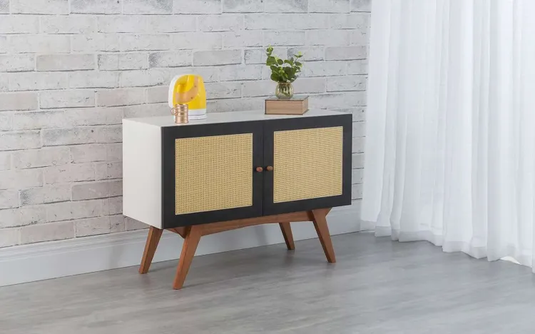ARMÁRIO BUFFET 2 PORTAS PARA SALA DE JANTAR COM PALHINHA DOLORES BRANCO COM PRETO E JATOBÁ 90x35x64,7 CM