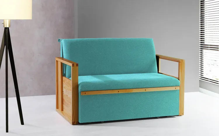 SOFÁ CAMA COMPACTO PARA CASAL AKROPI - SOFÁ BICAMA ESTOFADO VERNIZ MEL TECIDO TURQUESA - 128X90X85CM