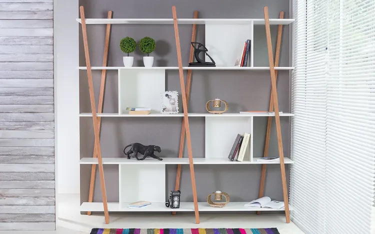 ESTANTE PARA LIVROS BRANCA 5 PRATELEIRAS COM PÉS DE MADEIRA COR JATOBÁ  SUE 180X38X180 CM