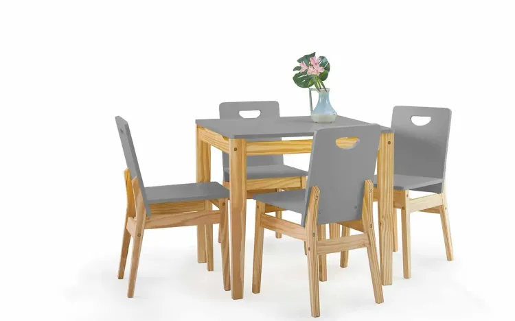CONJUNTO DE MESA DE JANTAR COM 4 CADEIRAS TUCUPI 80CM ACABAMENTO STAIN NATURAL E CINZA CONCRETO