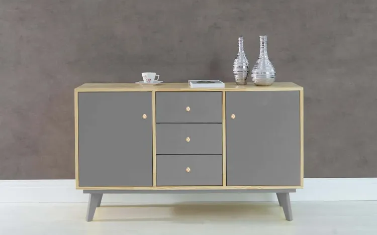 BUFFET PARA SALA DE JANTAR COM GAVETA E 2 PORTAS PUXADOR BOLINHA CELESTE NATURAL E CINZA CONCRETO 133X40X79,5 CM