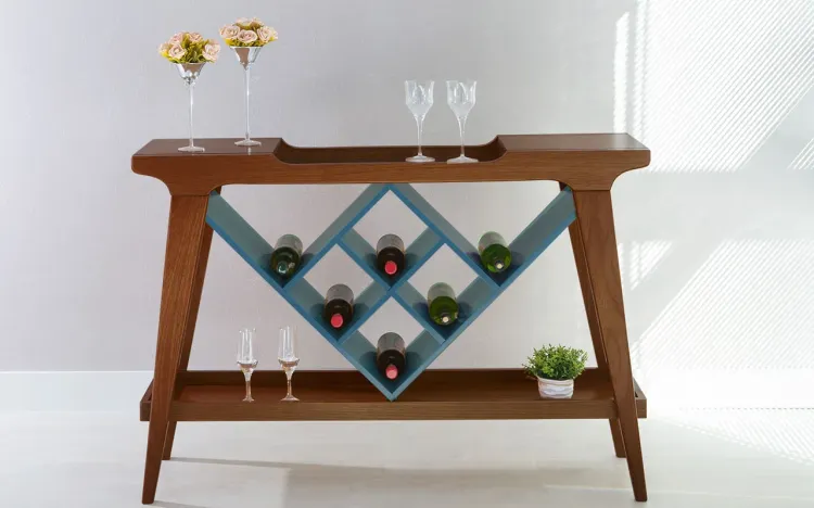 APARADOR ADEGA BAR GOURMET DE MADEIRA MACIÇA COM TAMPO ESPELHADO PUBI VERNIZ CAPUCCINO E AZUL 130X33X90CM