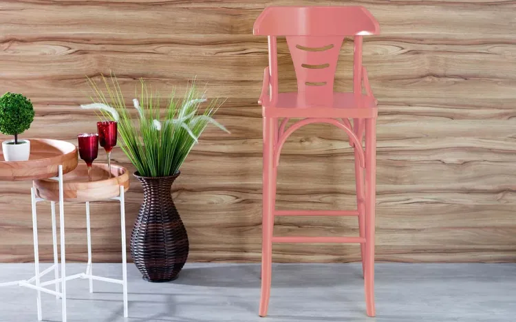 BANQUETA COM ENCOSTO ALTA EM MADEIRA LACA ROSA CORAL AUGUSTINE 39X41X105 CM