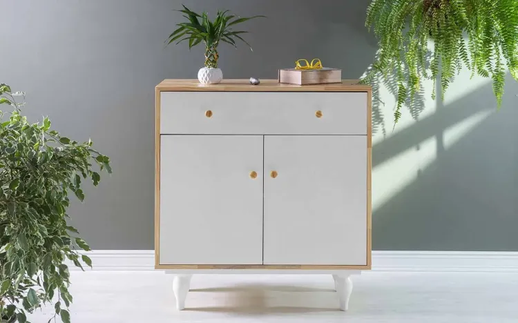 ARMÁRIO MULTIUSO COM GAVETA E PORTAS SIDERAL PUXADOR BOLINHA NATURAL E BRANCO 90X48X98 CM