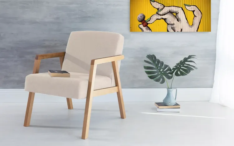 POLTRONA SALA DE MADEIRA DECORATIVA BEGE CHARLIE VERNIZ AMENDOA TEC.924 - 60x74x84 CM