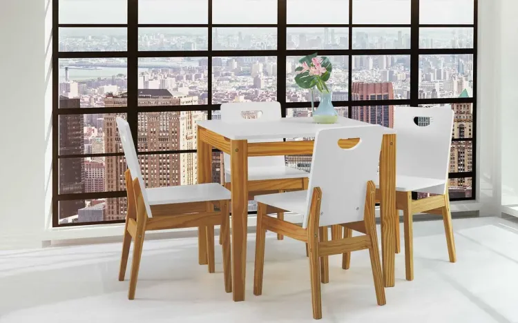 CONJUNTO DE MESA DE JANTAR COM 4 CADEIRAS TUCUPI ACABAMENTO STAIN NOZES E LACA BRANCO 80CM 