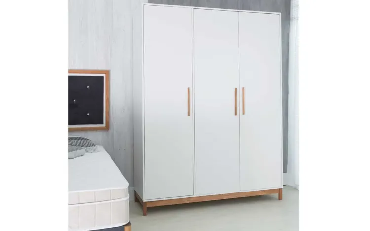 GUARDA-ROUPA BRANCO 3 PORTAS ROUPEIRO BRANCO MDF E MADEIRA MACIÇA DESIGN MODERNO MOORE 154,6x53x198,5 CM