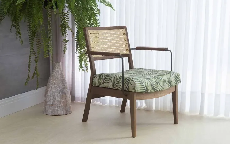 POLTRONA PARA QUARTO COM PALHINHA LAVANDA AÇO PRETO VERNIZ CAPUCCINO TEC.1865 FOLHAS 63,5X64X78 CM