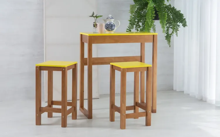 CONJUNTO GOURMET ALTO DE MADEIRA TAEDA COM TAMPO MDF MACIÇO OLGA VERNIZ CAPUCCINO E AMARELO 80CM