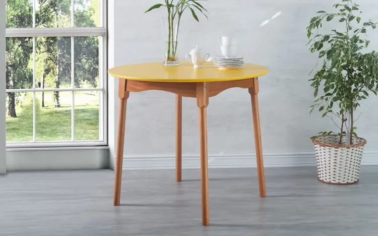 MESA DE JANTAR PEQUENA REDONDA MIMO BASE VERNIZ JATOBÁ E TAMPO LACA AMARELO 90x90x76 CM