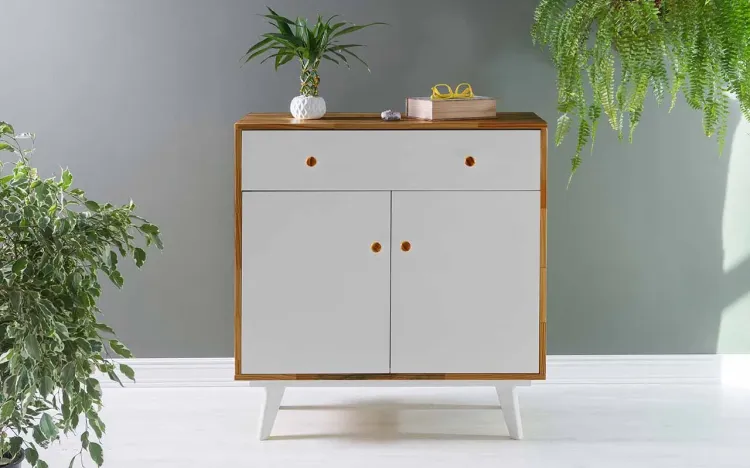 BALCÃO DE MADEIRA COM GAVETA E 2 PORTAS CELESTE PUXADOR BOLINHA NÓZES E BRANCO 90X40X98 CM