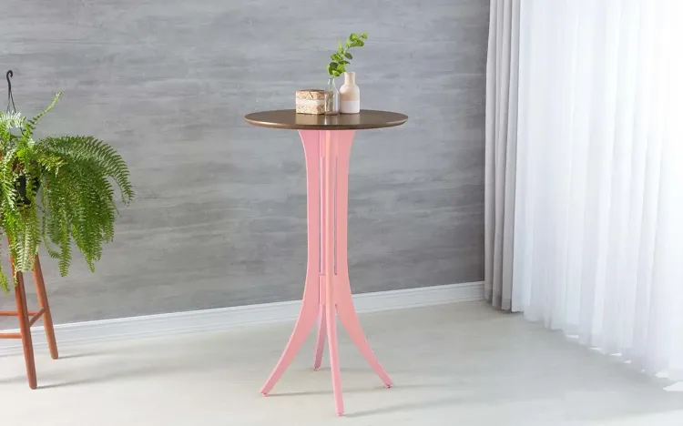 MESA BISTRÔ ALTA DE MADEIRA MACIÇA GOURMET REDONDA JULIETTE 60x60X107CM CAPUCCINO E ROSA BEBÊ