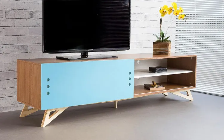 RACK TV MODERNO RETRÔ VINTAGE FREDDIE 1800 MDF FREIJÓ PÉS MADEIRA TAEDA PORTA DE CORRER AZUL CELESTE 180x43,6x48,5 CM