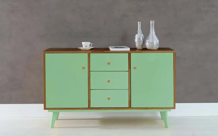 BALCÃO BUFFET COM GAVETA E 2 PORTAS PUXADOR BOLINHA CELESTE CAPUCCINO E VERDE SÁLVIA 133X40X79,5 CM
