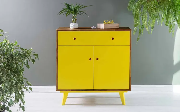 ARMÁRIO 2 PORTAS COM GAVETA CELESTE PUXADOR BOLINHA CAPUCCINO E AMARELO 90X40X98 CM