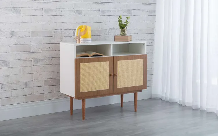 ARMÁRIO BUFFET PARA SALA COM PALHINHA 2 PORTAS E NICHO CHARLIE BRANCO COM FREIJÓ E JATOBÁ 90x35x79 CM