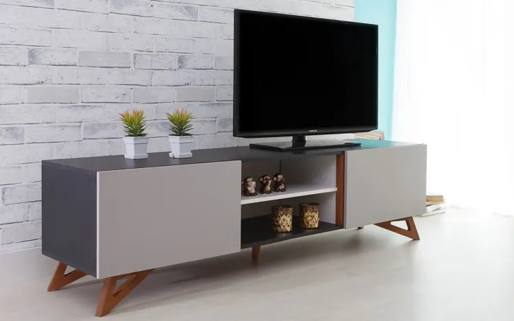 RACK PARA TV PRETO MODERNO VINTAGE RETRÔ COM 2 PORTAS CINZA FREDDIE - 180x43,6x48,5 CM