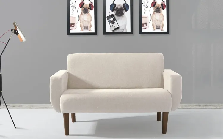 SOFÁ 2 LUGARES PÉS PALITO RETRÔ BEGE LIRIO 140X76X83CM - VERNIZ CAPUCCINO