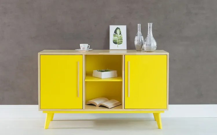 ARMÁRIO PÉS PALITO COM PRATELEIRA E 2 PORTAS CELESTE NATURAL E AMARELO 133X40X79,5 CM