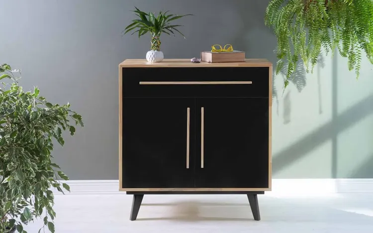 BALCÃO DE MADEIRA COM GAVETA E 2 PORTAS CELESTE NATURAL E PRETO 90X40X98 CM