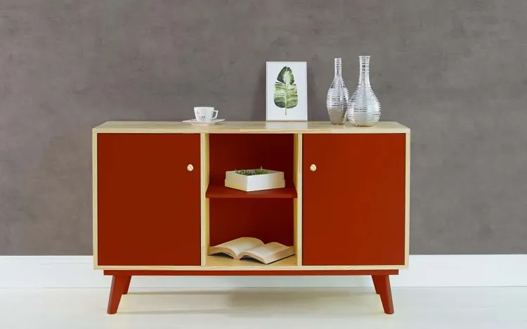 ARMÁRIO 2 PORTAS COM PRATELEIRA PUXADOR BOLINHA CELESTE  - NATURAL E VERMELHO 133X40X79,5 CM