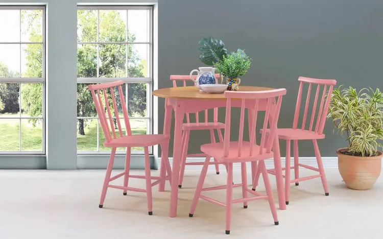 MESA VINTAGE REDONDA COM CADEIRAS MIMO 90CM VERNIZ JATOBÁ E LACA ROSA CORAL