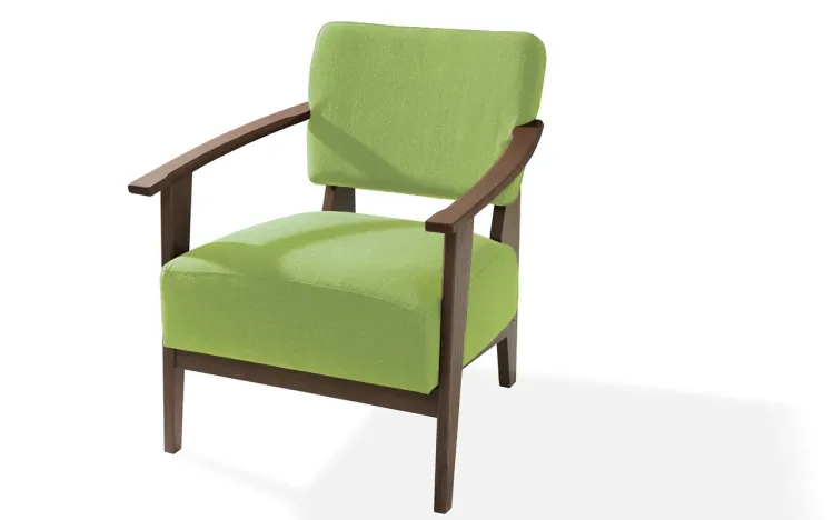 POLTRONA PARA SALA COM BRAÇOS PÉS DE MADEIRA ESTOFADA COR VERDE SAMAMBAIA VERNIZ CAPUCCINO TEC.942 - 72x66x82 CM